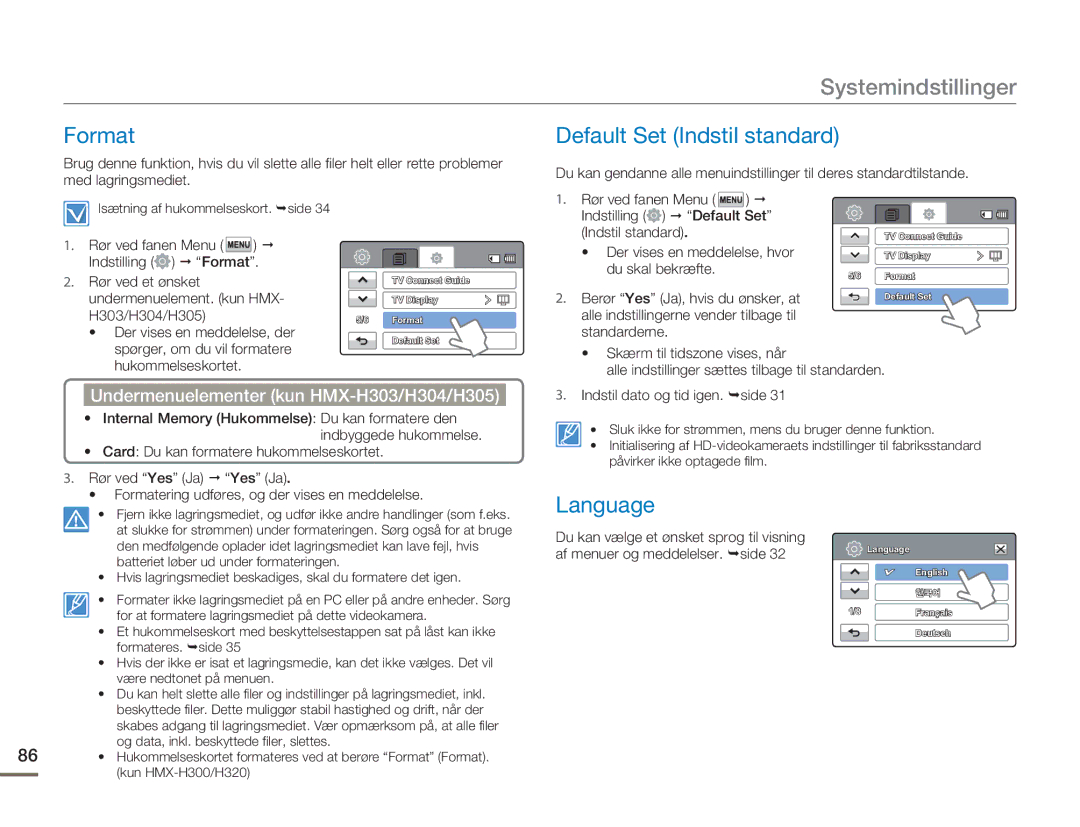 Samsung HMX-H300SP/EDC manual Format Default Set Indstil standard, Language, Undermenuelementer kun HMX-H303/H304/H305 