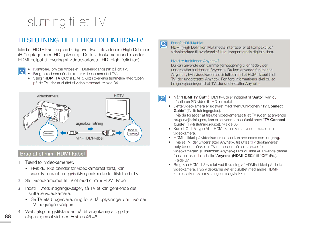 Samsung HMX-H300BP/EDC manual Tilslutning til et TV, Tilslutning TIL ET High DEFINITION-TV, Brug af et mini-HDMI-kabel 