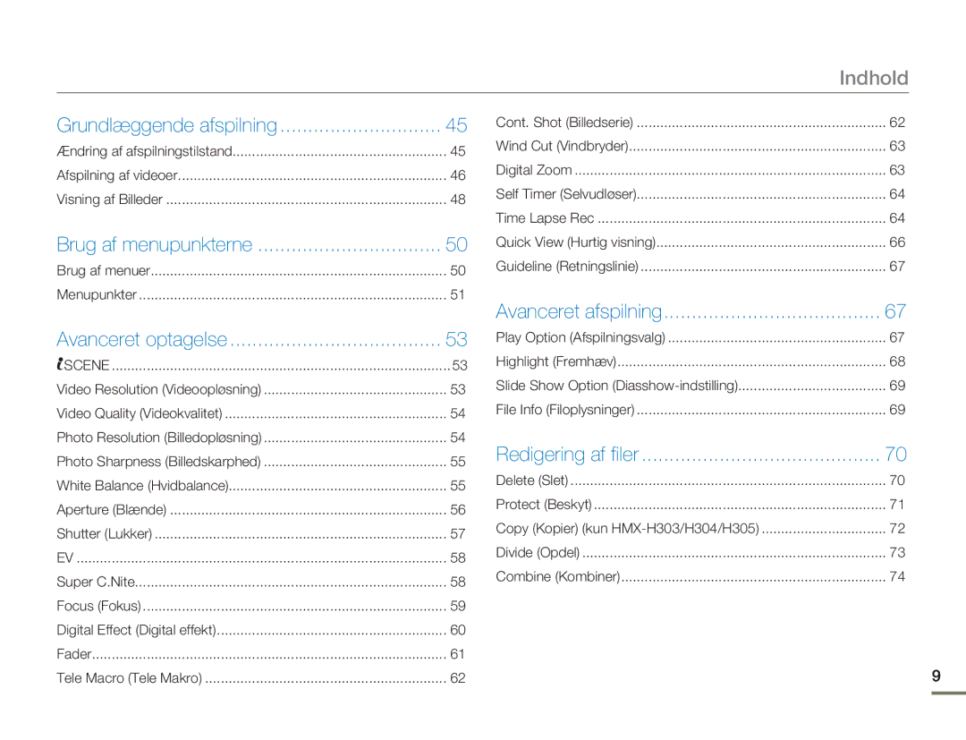 Samsung HMX-H300RP/EDC, HMX-H300BP/EDC, HMX-H300SP/EDC, HMX-H303BP/EDC manual Indhold, Brug af menupunkterne 