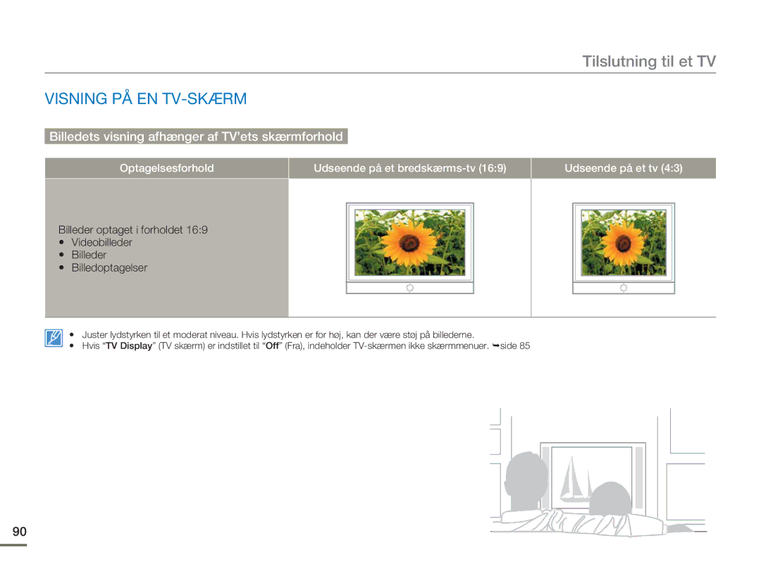 Samsung HMX-H300SP/EDC, HMX-H300BP/EDC manual Visning PÅ EN TV-SKÆRM, Billedets visning afhænger af TV’ets skærmforhold 