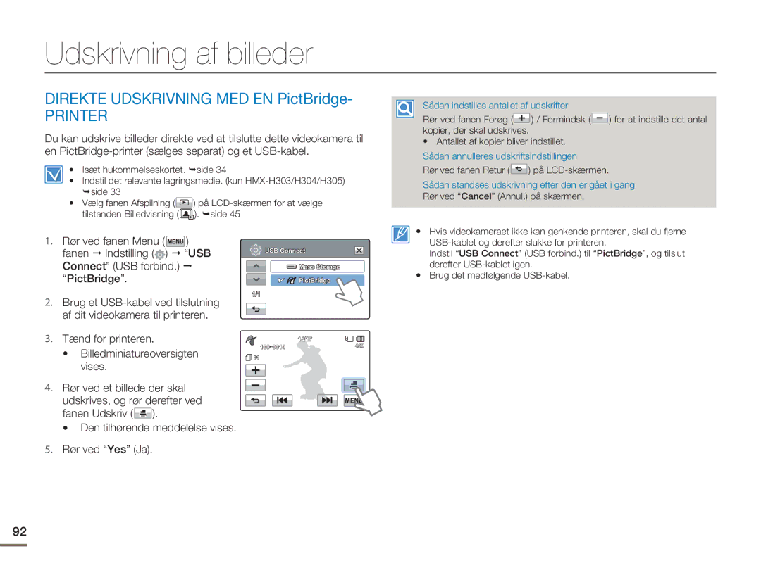 Samsung HMX-H300BP/EDC manual Udskrivning af billeder, Direkte Udskrivning MED EN PictBridge, Printer, Tænd for printeren 