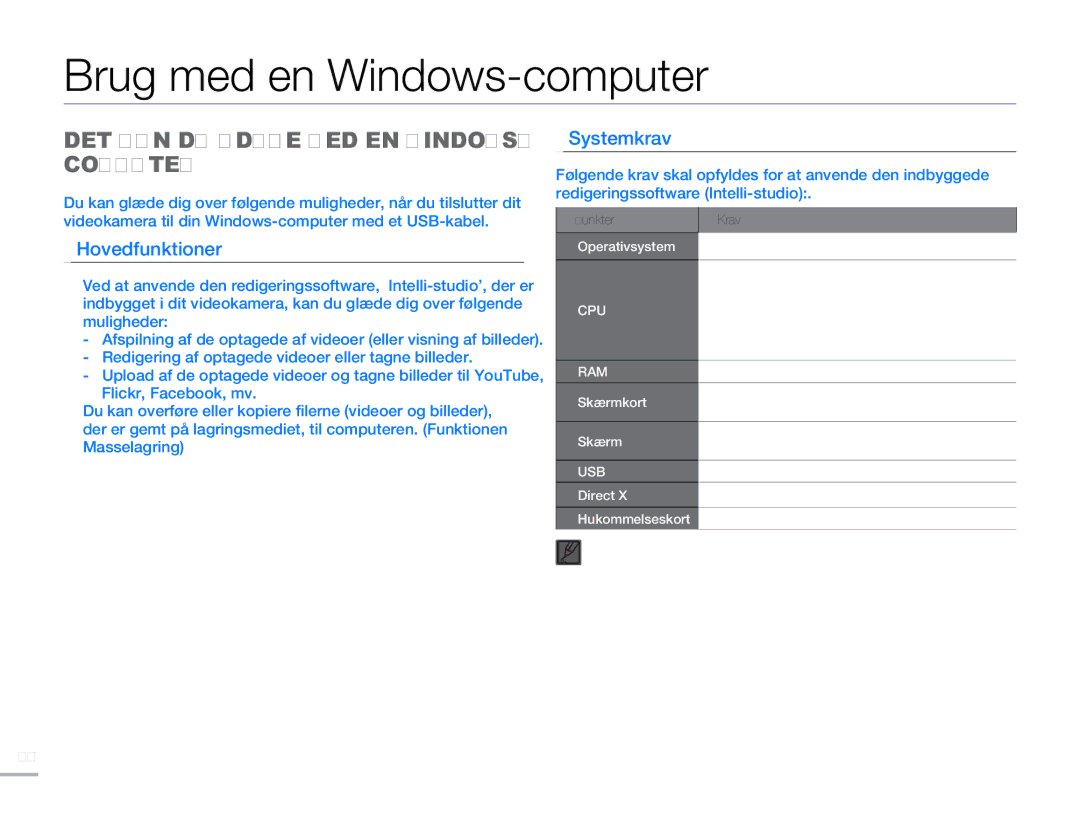 Samsung HMX-H300SP/EDC manual Brug med en Windows-computer, DET KAN DU Udføre MED EN WINDOWS- Computer, Systemkrav 