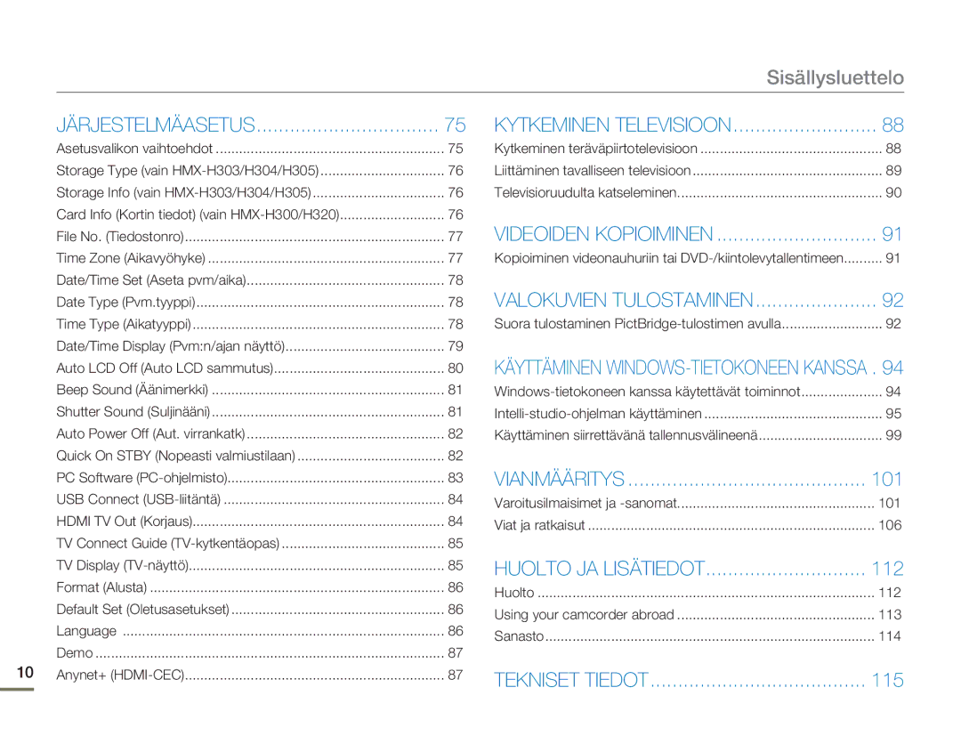 Samsung HMX-H300SP/EDC, HMX-H300BP/EDC, HMX-H300RP/EDC, HMX-H303BP/EDC manual 101, 112, 115 