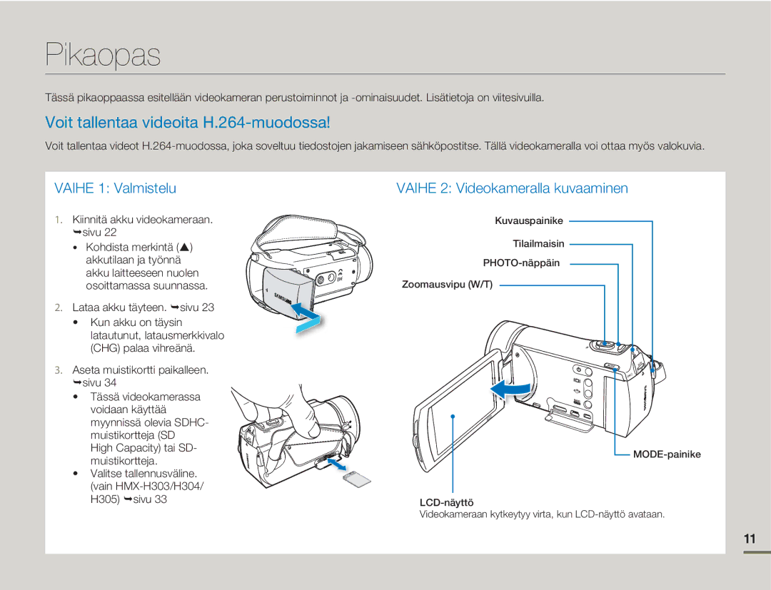 Samsung HMX-H303BP/EDC manual Pikaopas, Voit tallentaa videoita H.264-muodossa, Aseta muistikortti paikalleen. sivu 