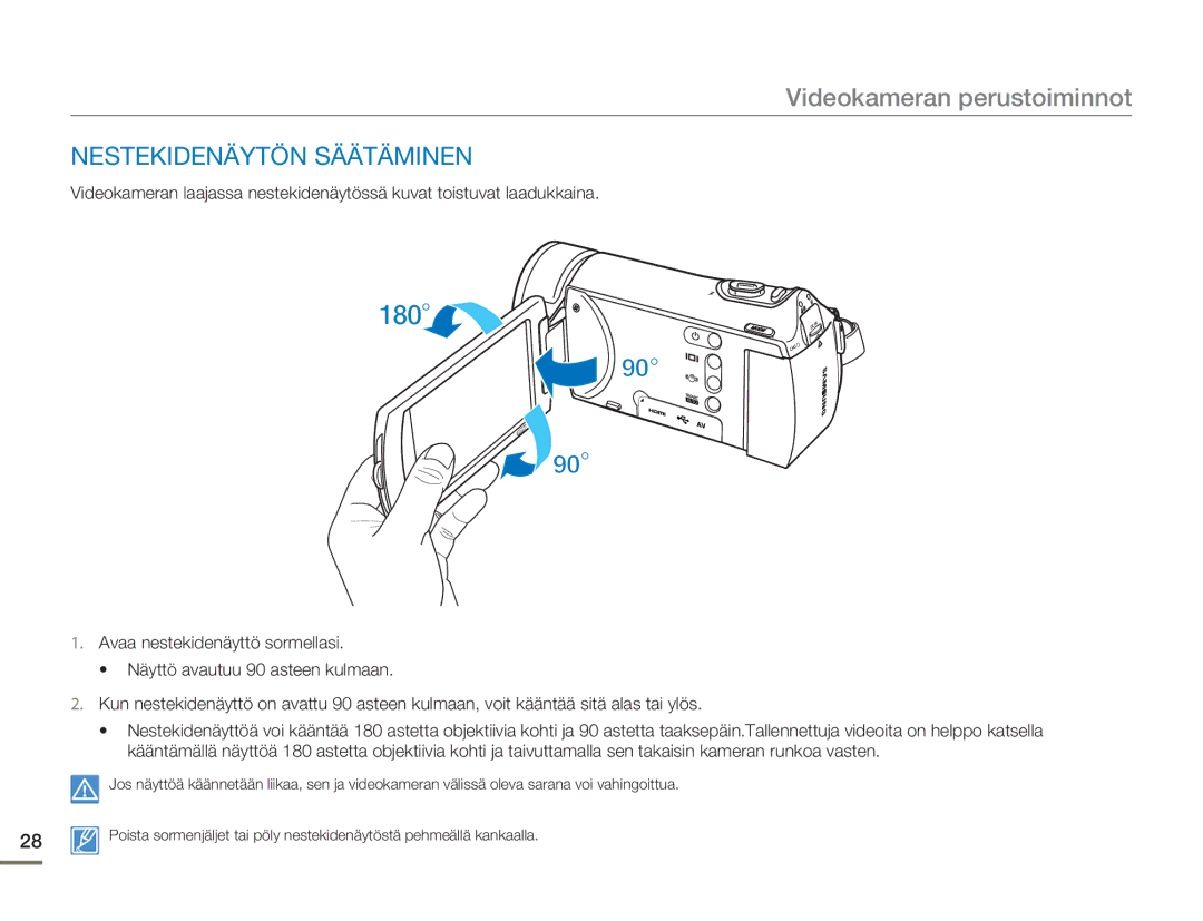 Samsung HMX-H300BP/EDC, HMX-H300RP/EDC, HMX-H300SP/EDC manual Videokameran perustoiminnot, Nestekidenäytön Säätäminen 