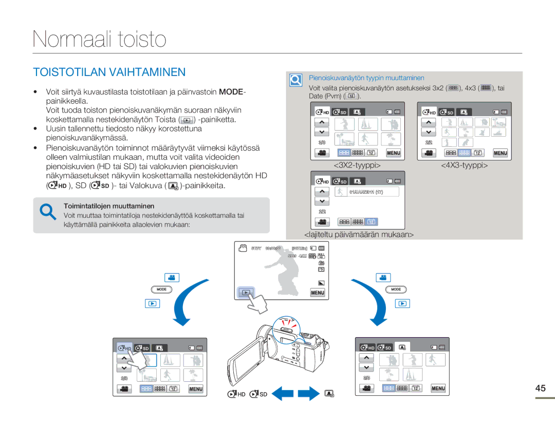 Samsung HMX-H300RP/EDC, HMX-H300BP/EDC manual Normaali toisto, Toistotilan Vaihtaminen, HD , SD SD tai Valokuva -painikkeita 