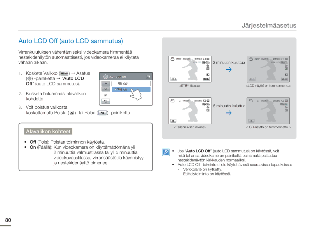 Samsung HMX-H300BP/EDC, HMX-H300RP/EDC, HMX-H300SP/EDC, HMX-H303BP/EDC Auto LCD Off auto LCD sammutus, Minuutin kuluttua 