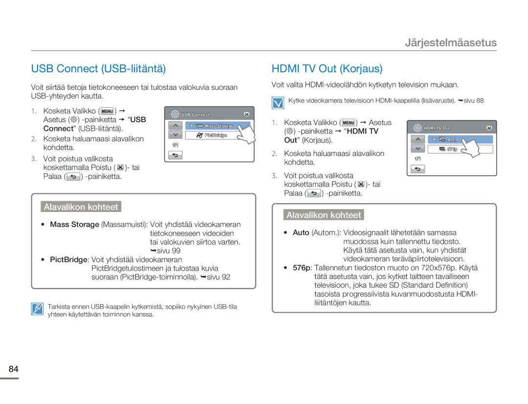 Samsung HMX-H300BP/EDC, HMX-H300RP/EDC, HMX-H300SP/EDC, HMX-H303BP/EDC manual USB Connect USB-liitäntä, Hdmi TV Out Korjaus 