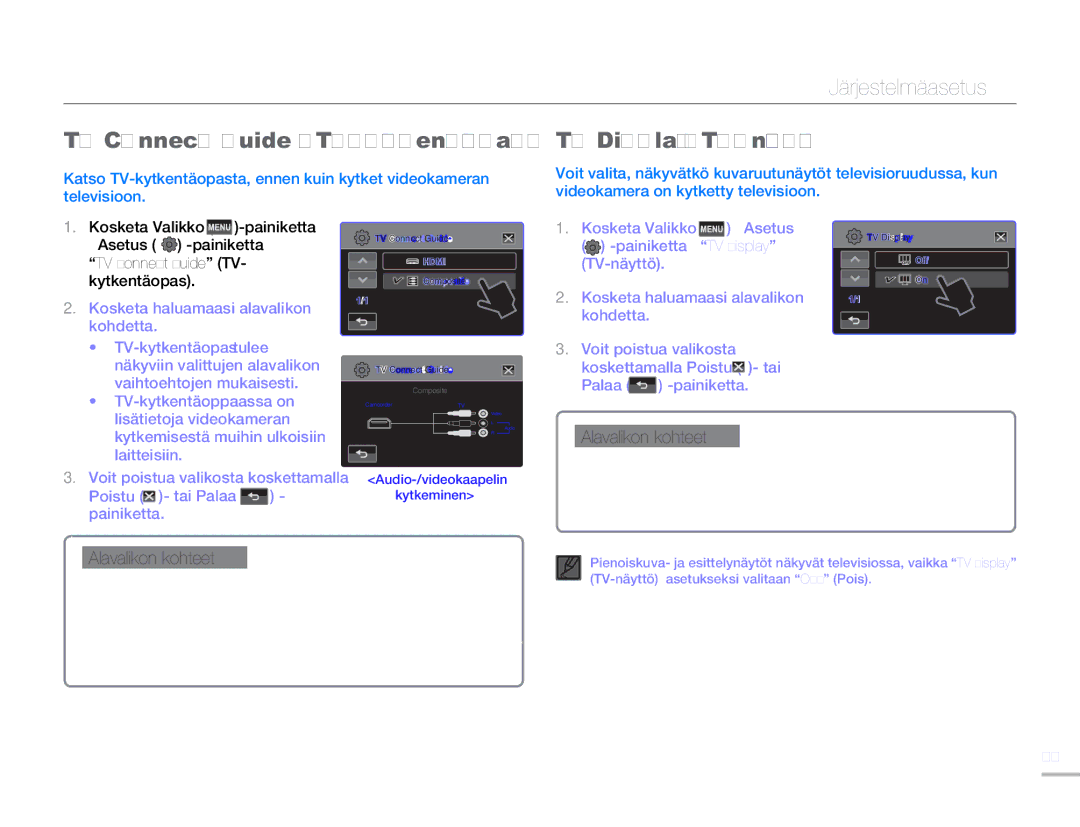 Samsung HMX-H300RP/EDC, HMX-H300BP/EDC, HMX-H300SP/EDC manual TV Connect Guide TV-kytkentäopas, TV Display TV-näyttö 