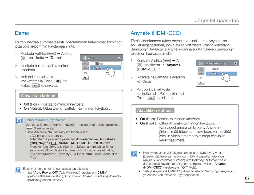 Samsung HMX-H303BP/EDC manual Demo Anynet+ HDMI-CEC, Television kaukosäätimellä Painiketta Demo, Painiketta Anynet+ 