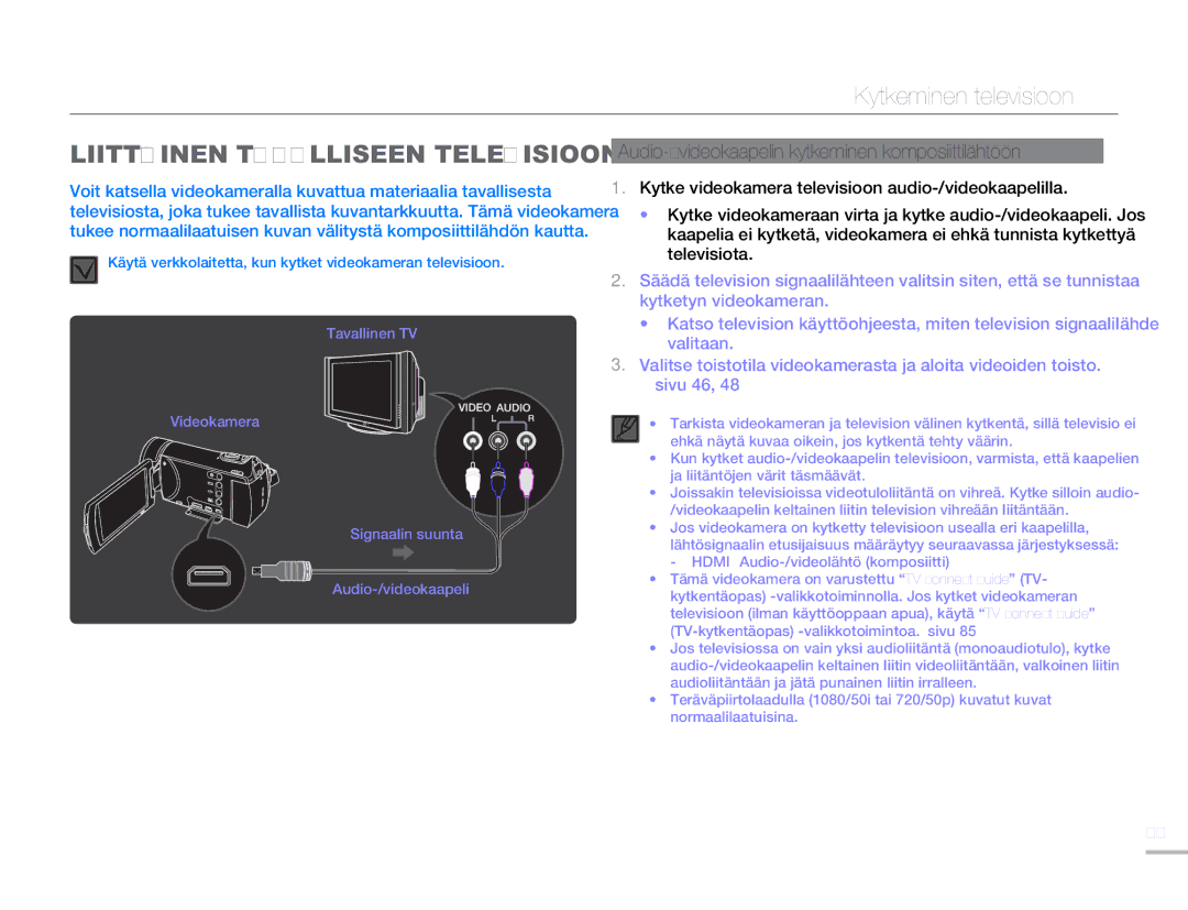 Samsung HMX-H300RP/EDC, HMX-H300BP/EDC, HMX-H300SP/EDC manual Kytkeminen televisioon, Liittäminen Tavalliseen Televisioon 