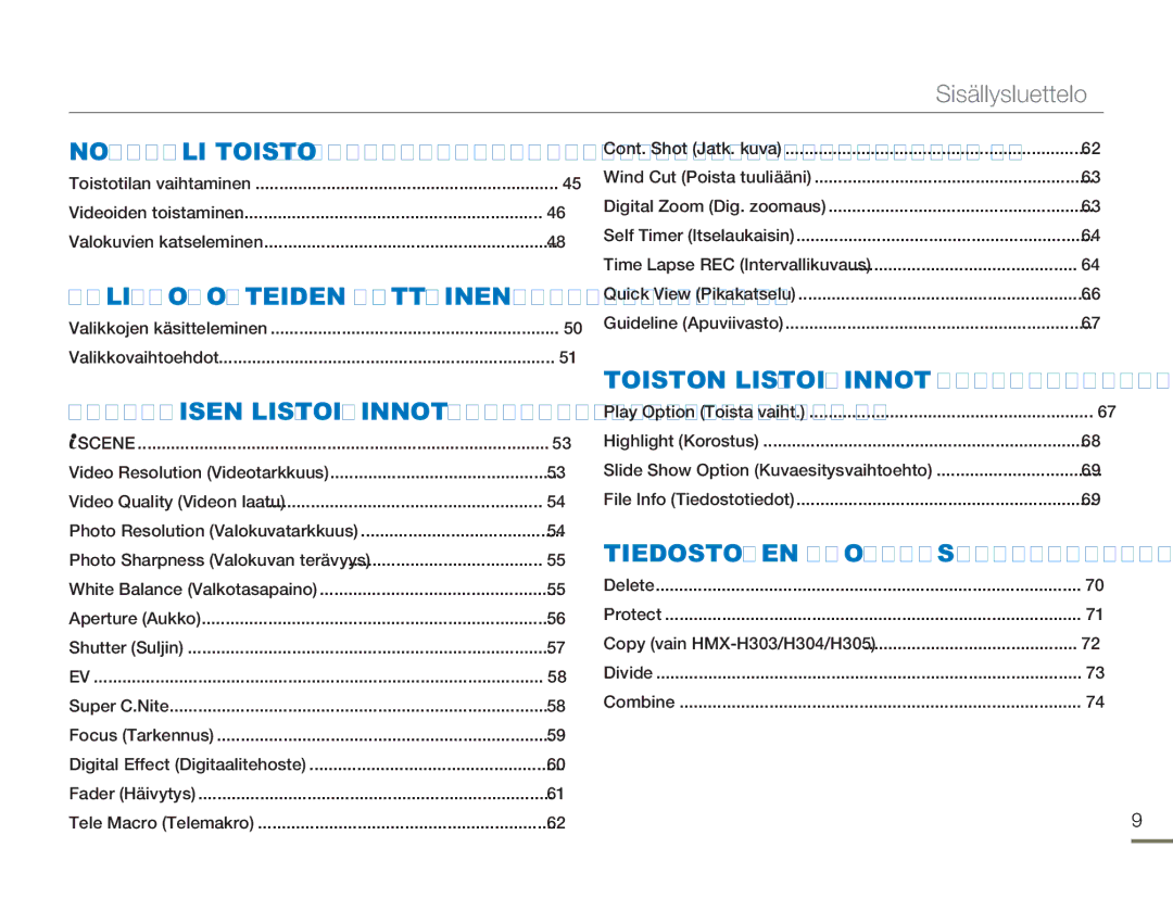 Samsung HMX-H300RP/EDC, HMX-H300BP/EDC, HMX-H300SP/EDC, HMX-H303BP/EDC manual Sisällysluettelo, Valikkokohteiden Käyttäminen 