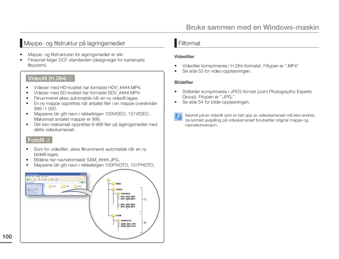 Samsung HMX-H300BP/EDC manual Mappe- og filstruktur på lagringsmediet, Filformat, Videofil H.264 ➀, Fotofil ➁, 100 