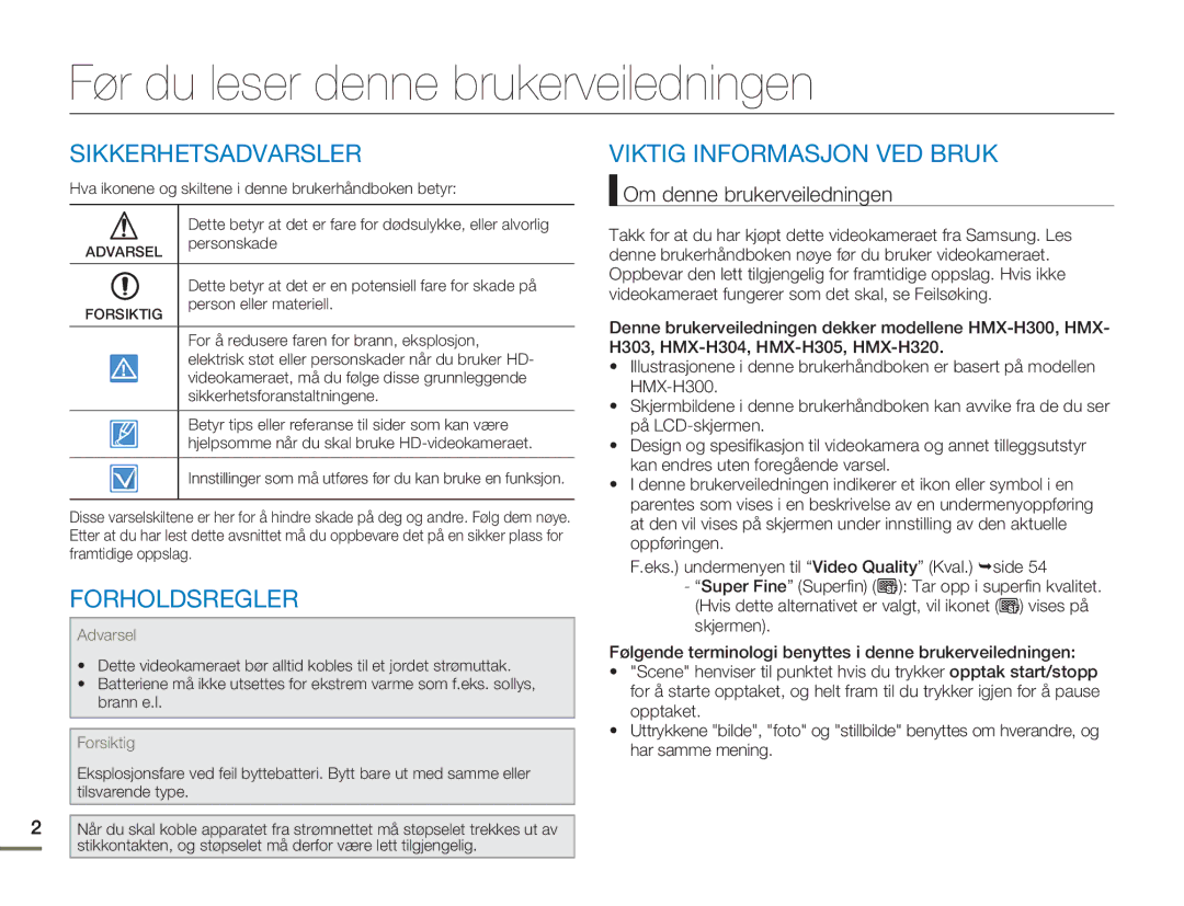 Samsung HMX-H300SP/EDC, HMX-H300BP/EDC manual Før du leser denne brukerveiledningen, Sikkerhetsadvarsler, Forholdsregler 