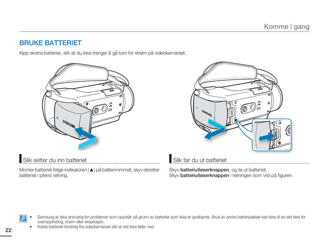 Samsung HMX-H300SP/EDC, HMX-H300BP/EDC manual Bruke Batteriet, Slik setter du inn batteriet Slik tar du ut batteriet 