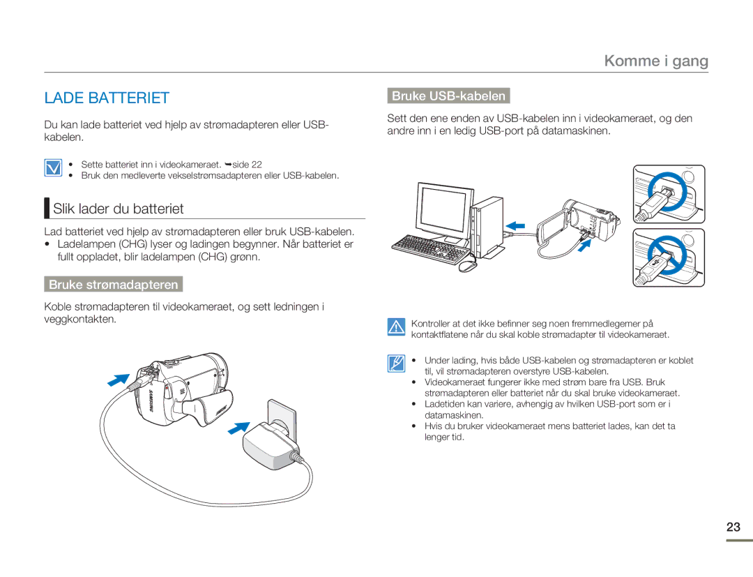 Samsung HMX-H303BP/EDC, HMX-H300BP/EDC, HMX-H300RP/EDC manual Lade Batteriet, Bruke USB-kabelen, Bruke strømadapteren 