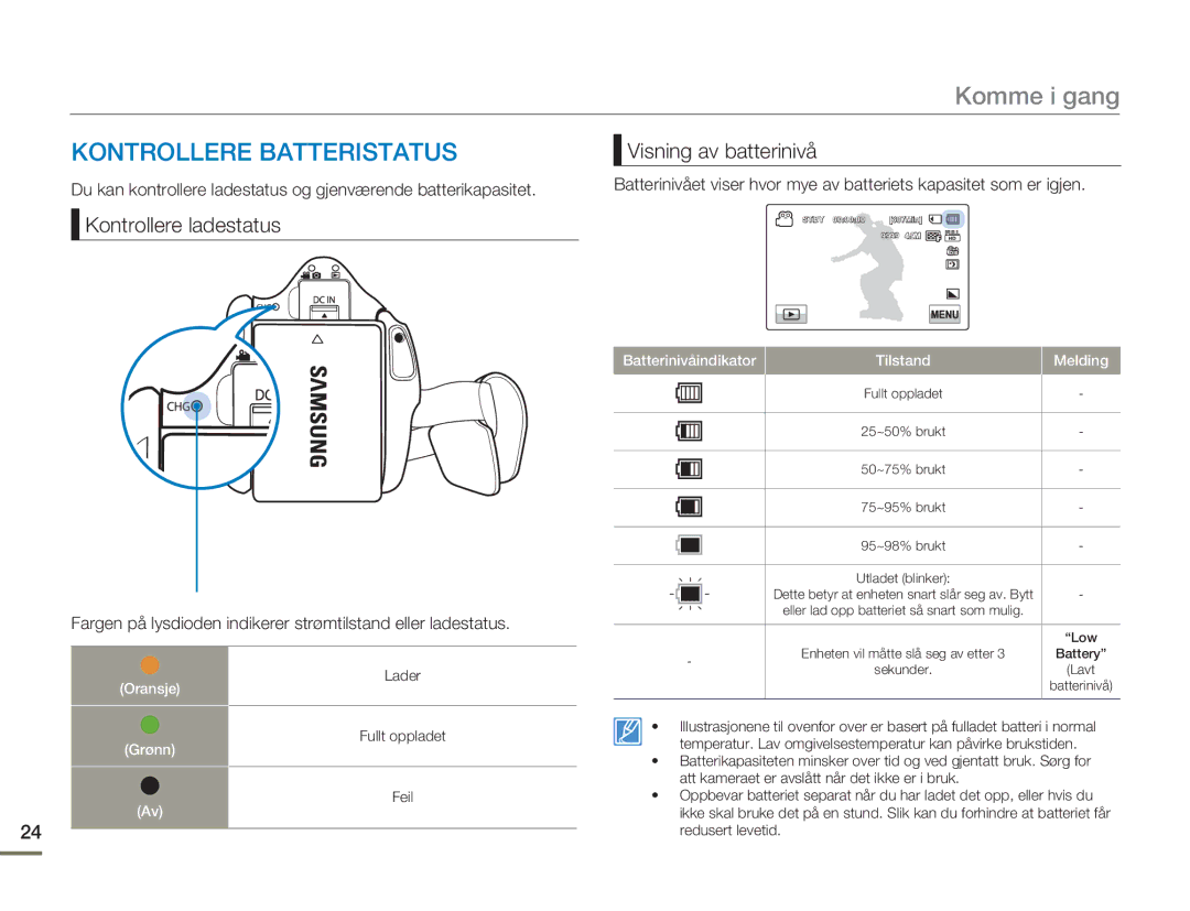 Samsung HMX-H300BP/EDC, HMX-H300RP/EDC manual Kontrollere Batteristatus, Visning av batterinivå, Kontrollere ladestatus 