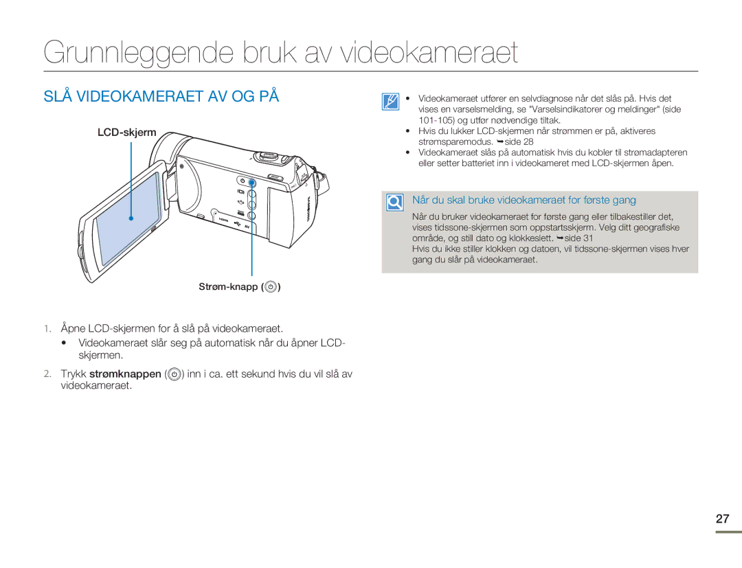 Samsung HMX-H303BP/EDC, HMX-H300BP/EDC manual Grunnleggende bruk av videokameraet, SLÅ Videokameraet AV OG PÅ, LCD-skjerm 