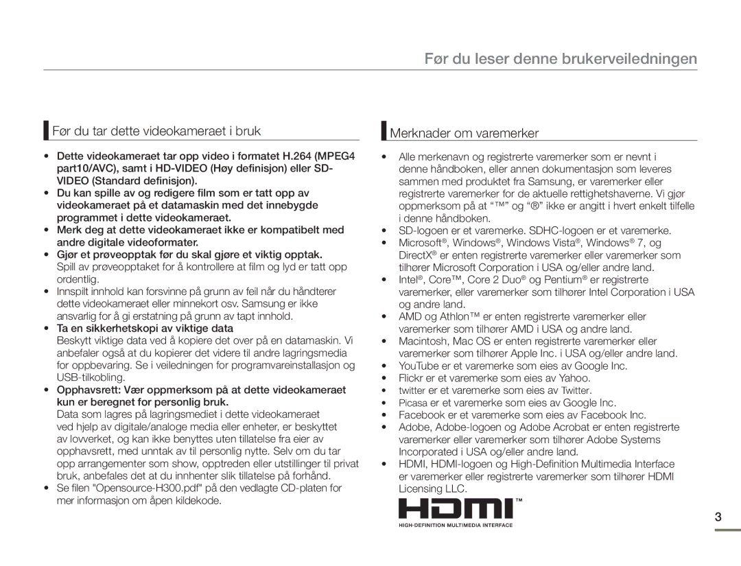 Samsung HMX-H303BP/EDC, HMX-H300BP/EDC, HMX-H300RP/EDC, HMX-H300SP/EDC manual Før du leser denne brukerveiledningen 