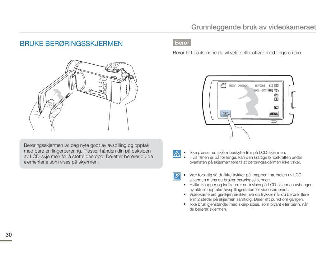 Samsung HMX-H300SP/EDC, HMX-H300BP/EDC, HMX-H300RP/EDC, HMX-H303BP/EDC manual Bruke Berøringsskjermen 