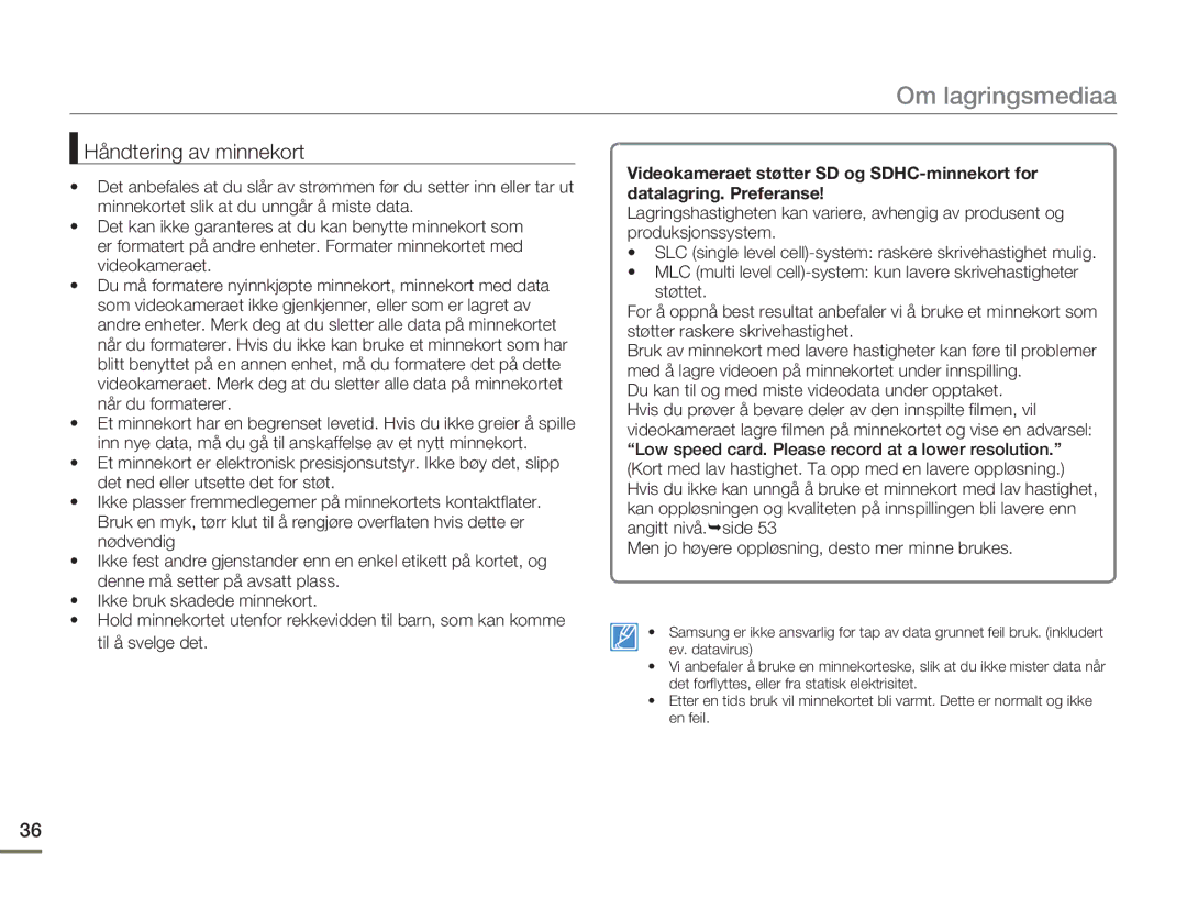 Samsung HMX-H300BP/EDC, HMX-H300RP/EDC, HMX-H300SP/EDC, HMX-H303BP/EDC manual Håndtering av minnekort 