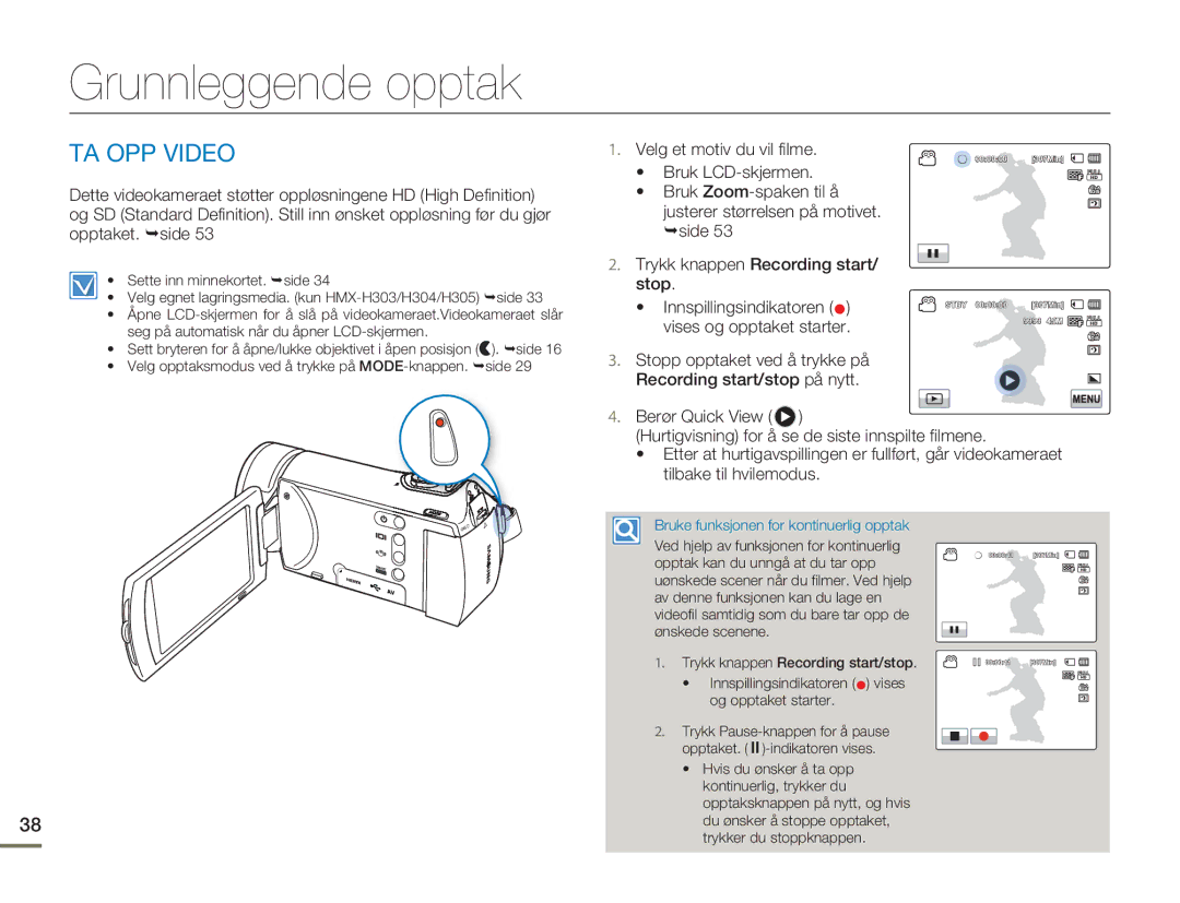 Samsung HMX-H300SP/EDC, HMX-H300BP/EDC, HMX-H300RP/EDC, HMX-H303BP/EDC manual Grunnleggende opptak, TA OPP Video 