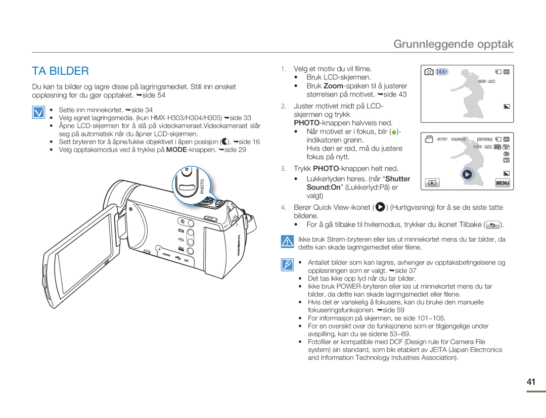 Samsung HMX-H300RP/EDC manual TA Bilder, Velg et motiv du vil filme Bruk LCD-skjermen, Når motivet er i fokus, blir 