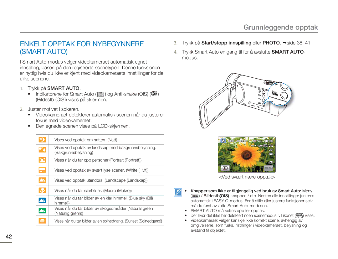 Samsung HMX-H300SP/EDC, HMX-H300BP/EDC, HMX-H300RP/EDC manual Enkelt Opptak for Nybegynnere Smart Auto, Ved svært nære opptak 