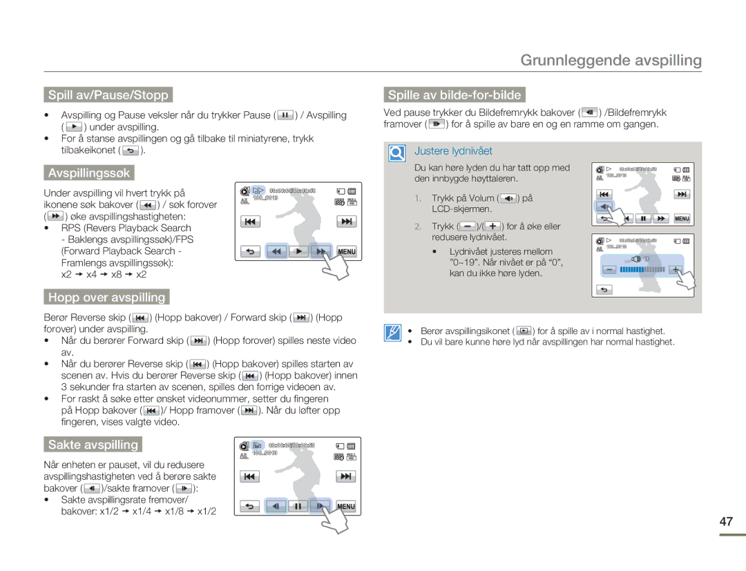 Samsung HMX-H303BP/EDC manual Spill av/Pause/Stopp, Spille av bilde-for-bilde, Avspillingssøk, Hopp over avspilling 