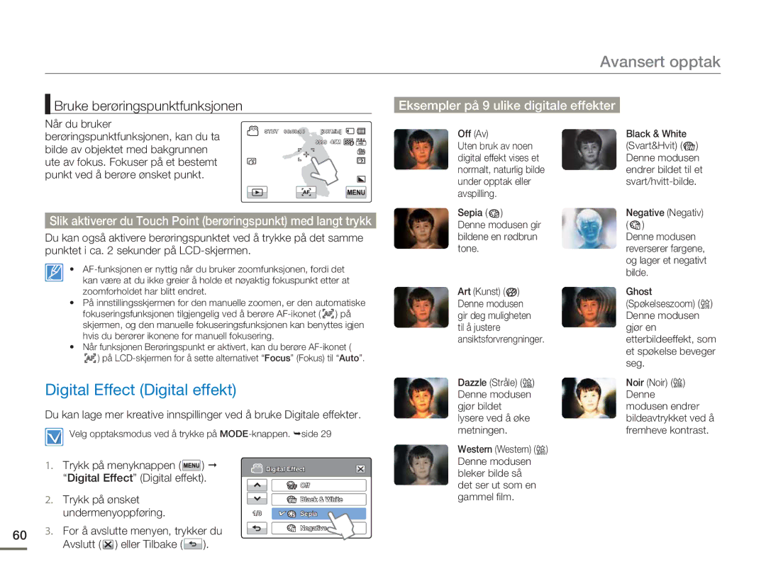Samsung HMX-H300BP/EDC, HMX-H300RP/EDC, HMX-H300SP/EDC manual Digital Effect Digital effekt, Bruke berøringspunktfunksjonen 