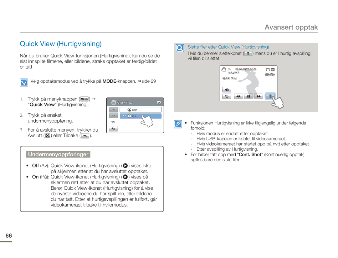 Samsung HMX-H300SP/EDC, HMX-H300BP/EDC, HMX-H300RP/EDC, HMX-H303BP/EDC manual Quick View Hurtigvisning 