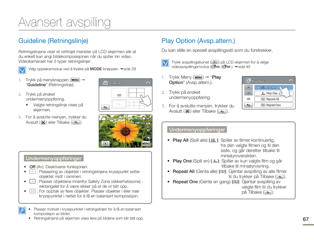 Samsung HMX-H303BP/EDC, HMX-H300BP/EDC Avansert avspilling, Guideline Retningslinje, Play Option Avsp.altern, På Tilbake 