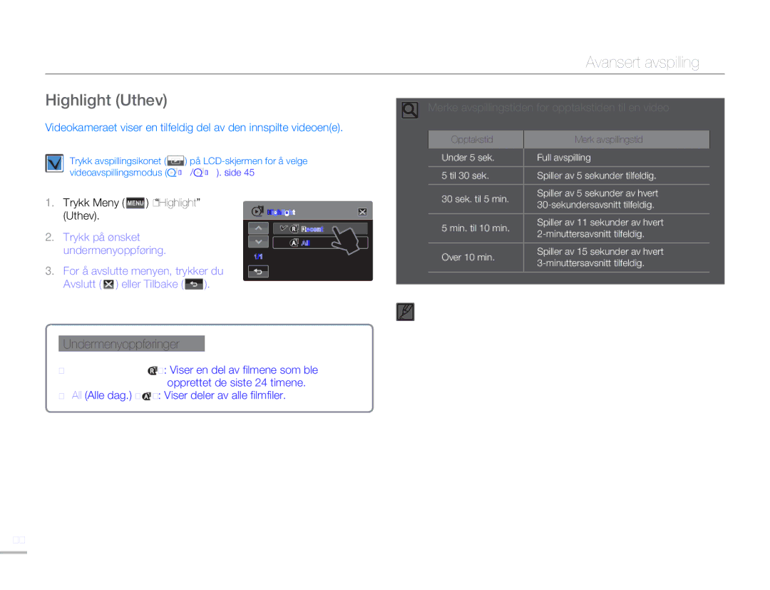 Samsung HMX-H300BP/EDC, HMX-H300RP/EDC, HMX-H300SP/EDC manual Highlight Uthev, All Alle dag. Viser deler av alle filmfiler 