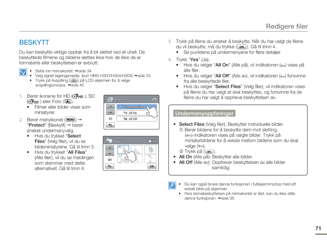 Samsung HMX-H303BP/EDC manual Beskytt, Hvis du velger All On Alle på, vil indikatoren, Alle ﬁler, Fra alle beskyttede ﬁler 