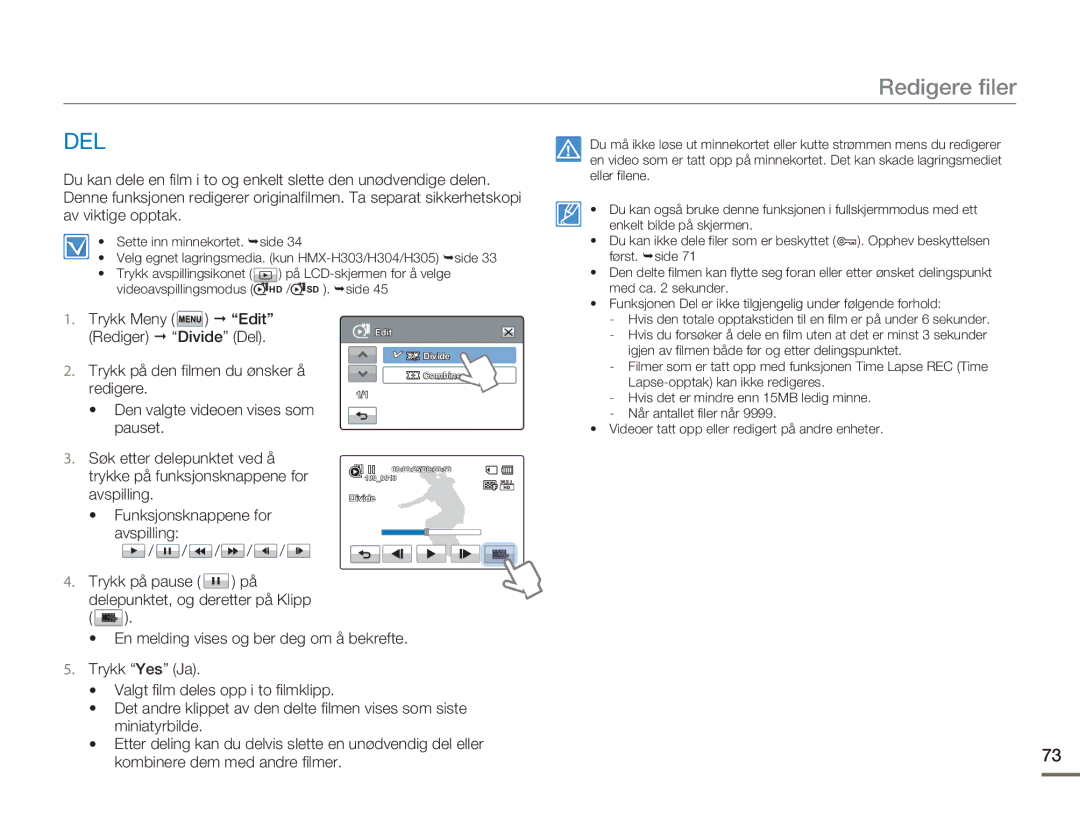 Samsung HMX-H300RP/EDC, HMX-H300BP/EDC, HMX-H300SP/EDC, HMX-H303BP/EDC manual Del, Søk etter delepunktet ved å 