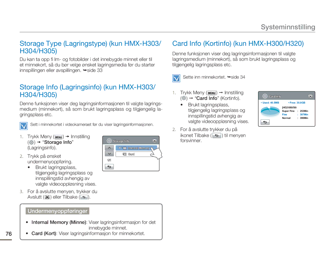 Samsung HMX-H300BP/EDC manual Storage Type Lagringstype kun HMX-H303/ H304/H305, Card Info Kortinfo kun HMX-H300/H320 