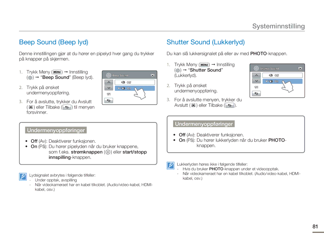 Samsung HMX-H300RP/EDC, HMX-H300BP/EDC, HMX-H300SP/EDC, HMX-H303BP/EDC manual Beep Sound Beep lyd Shutter Sound Lukkerlyd 