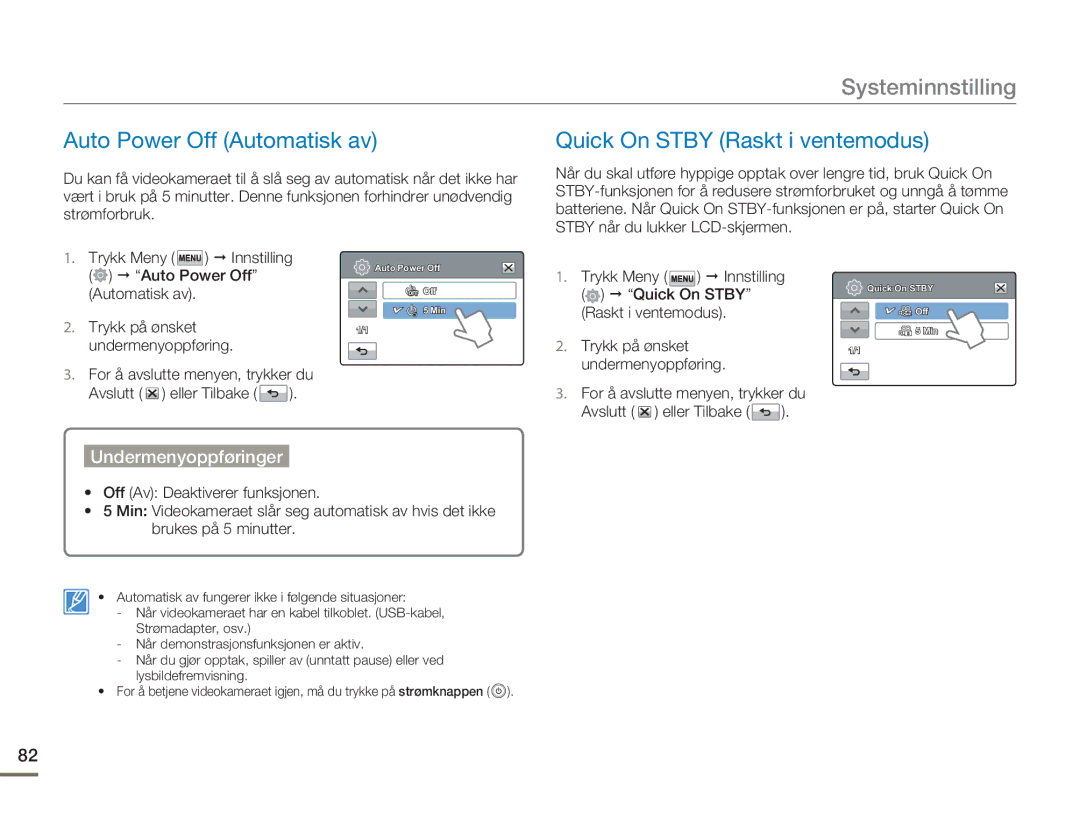 Samsung HMX-H300SP/EDC, HMX-H300BP/EDC, HMX-H300RP/EDC manual Auto Power Off Automatisk av, Quick On Stby Raskt i ventemodus 