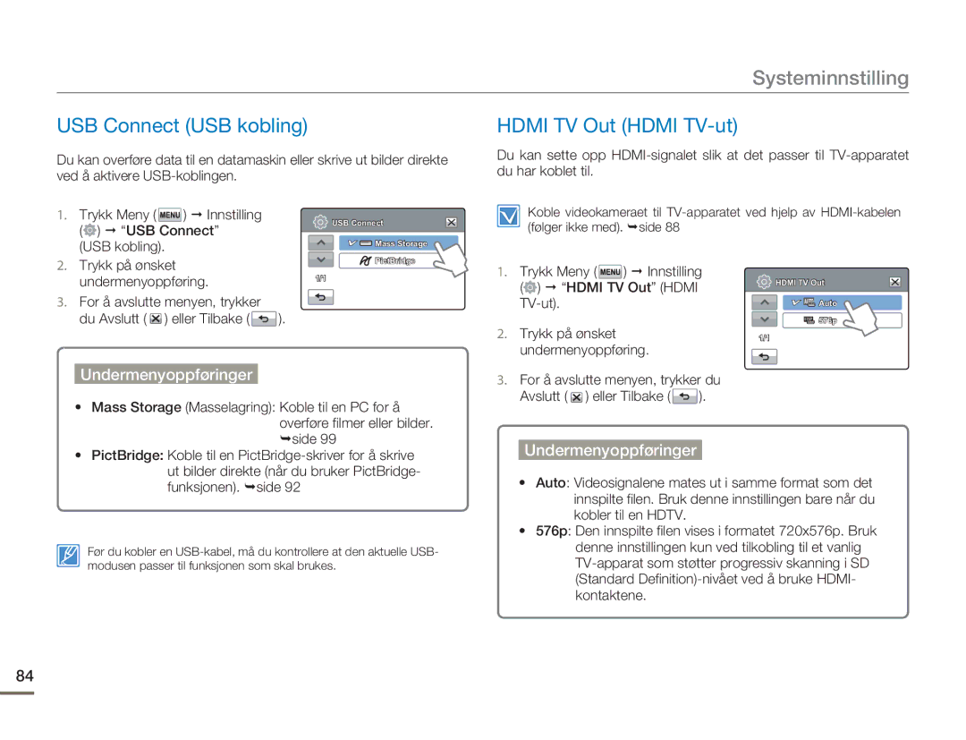 Samsung HMX-H300BP/EDC, HMX-H300RP/EDC, HMX-H300SP/EDC, HMX-H303BP/EDC manual USB Connect USB kobling, Hdmi TV Out Hdmi TV-ut 