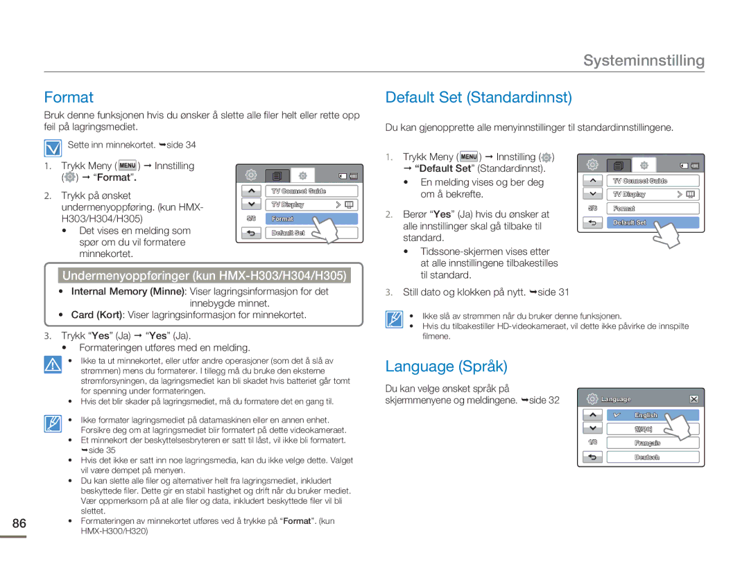 Samsung HMX-H300SP/EDC, HMX-H300BP/EDC, HMX-H300RP/EDC, HMX-H303BP/EDC Format, Default Set Standardinnst, Language Språk 