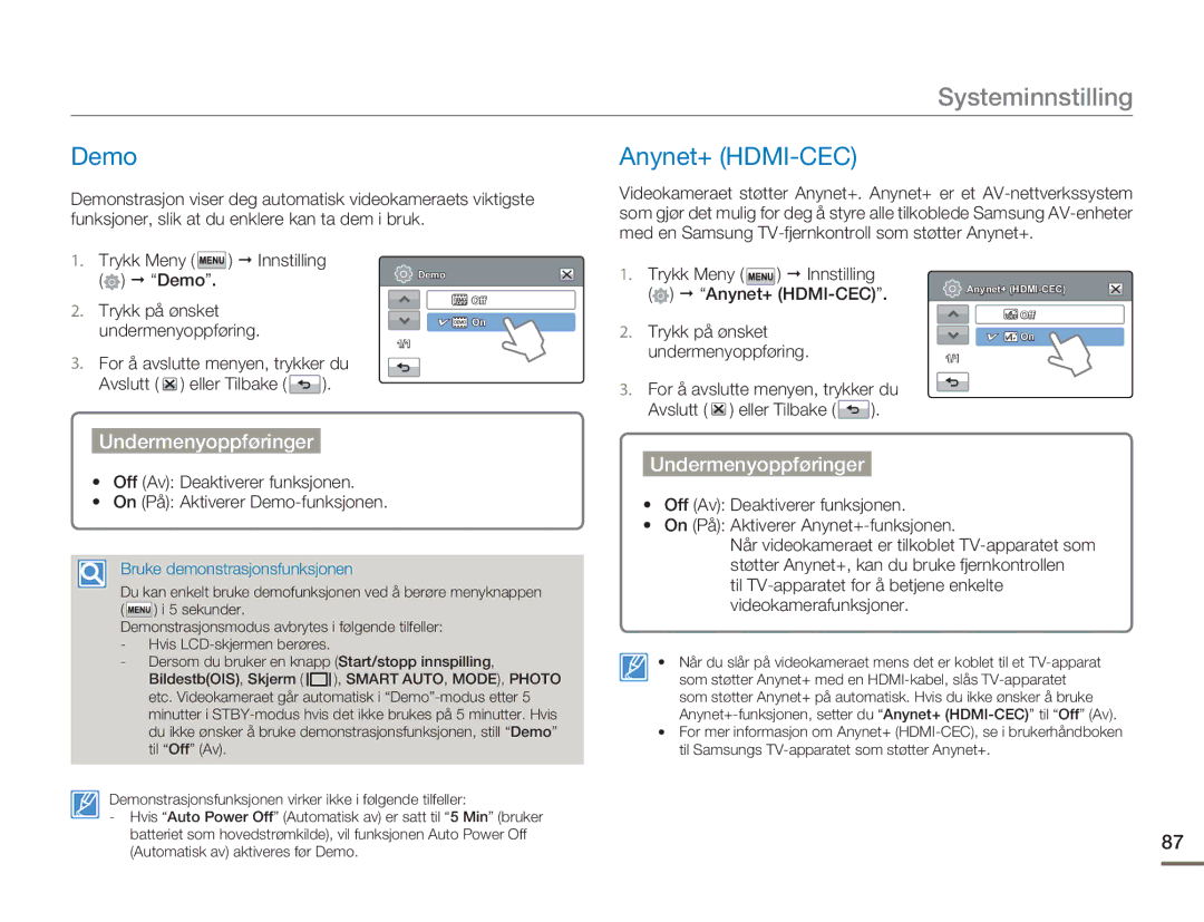 Samsung HMX-H303BP/EDC, HMX-H300BP/EDC, HMX-H300RP/EDC, HMX-H300SP/EDC manual Demo, Anynet+ HDMI-CEC 