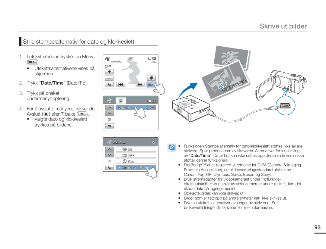 Samsung HMX-H300RP/EDC, HMX-H300BP/EDC, HMX-H300SP/EDC Skrive ut bilder, Stille stempelalternativ for dato og klokkeslett 