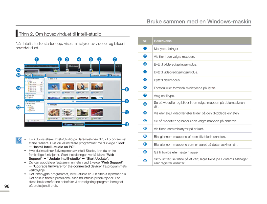 Samsung HMX-H300BP/EDC, HMX-H300RP/EDC, HMX-H300SP/EDC manual Trinn 2. Om hovedvinduet til Intelli-studio, Beskrivelse 