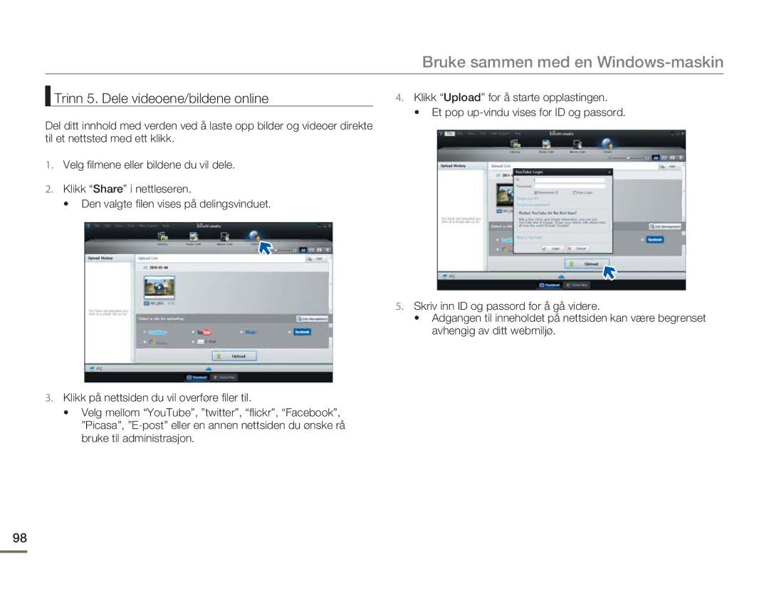 Samsung HMX-H300SP/EDC, HMX-H300BP/EDC, HMX-H300RP/EDC, HMX-H303BP/EDC manual Trinn 5. Dele videoene/bildene online 