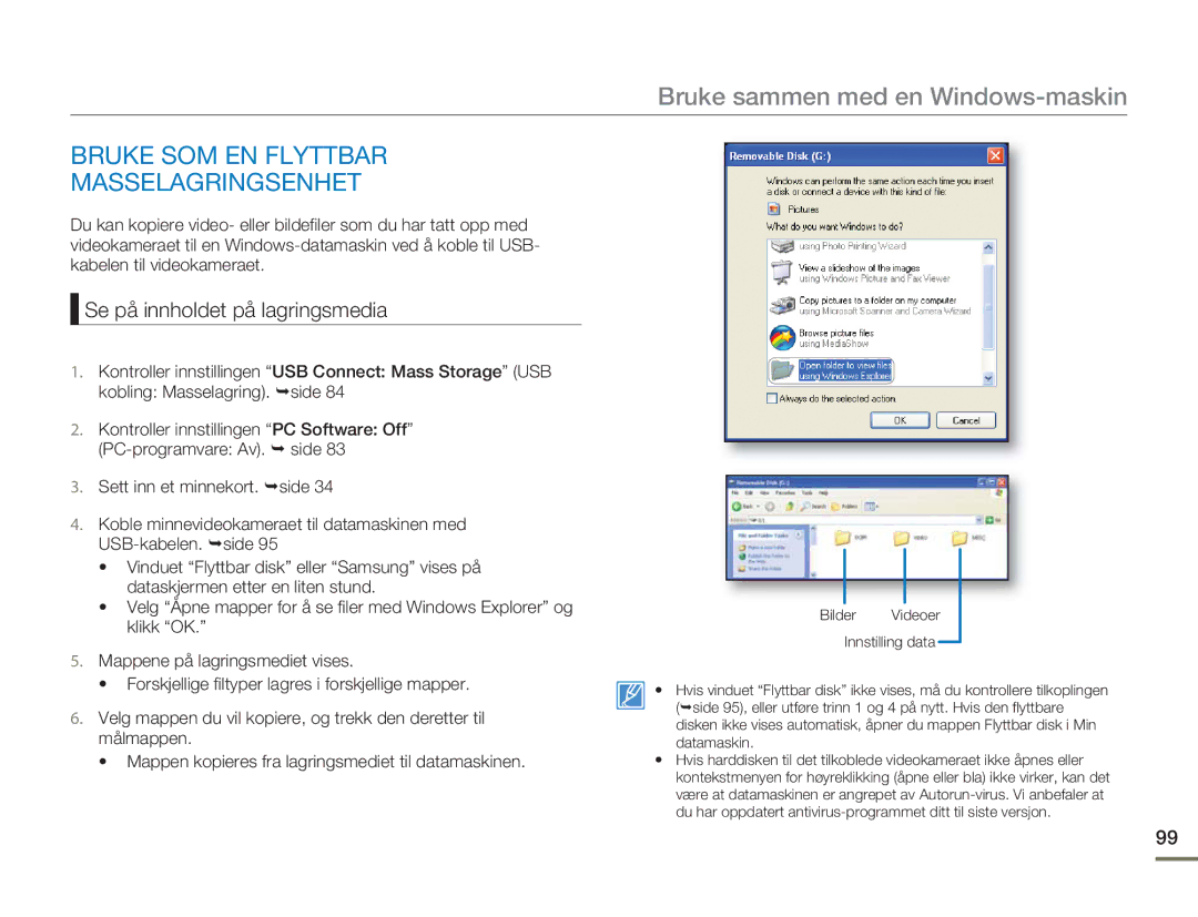 Samsung HMX-H303BP/EDC manual Bruke SOM EN Flyttbar Masselagringsenhet, Se på innholdet på lagringsmedia, Klikk OK 