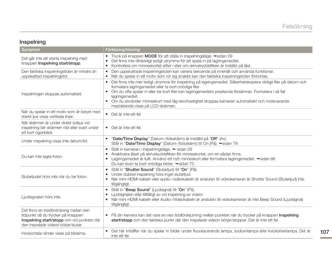 Samsung HMX-H303BP/EDC, HMX-H300BP/EDC, HMX-H300RP/EDC, HMX-H300SP/EDC manual Inspelning, 107 