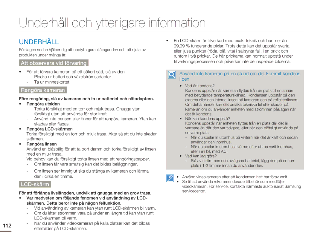 Samsung HMX-H300BP/EDC Underhåll och ytterligare information, Att observera vid förvaring, Rengöra kameran, LCD-skärm 