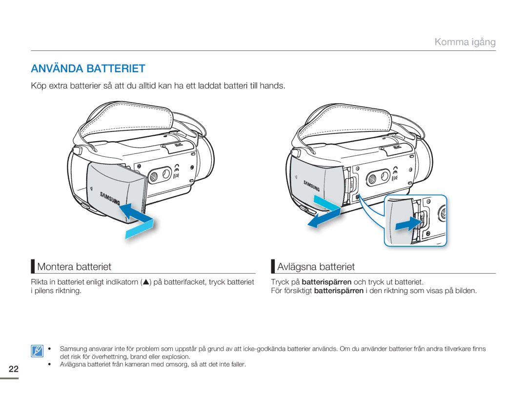 Samsung HMX-H300SP/EDC, HMX-H300BP/EDC, HMX-H300RP/EDC manual Använda Batteriet, Montera batteriet, Avlägsna batteriet 