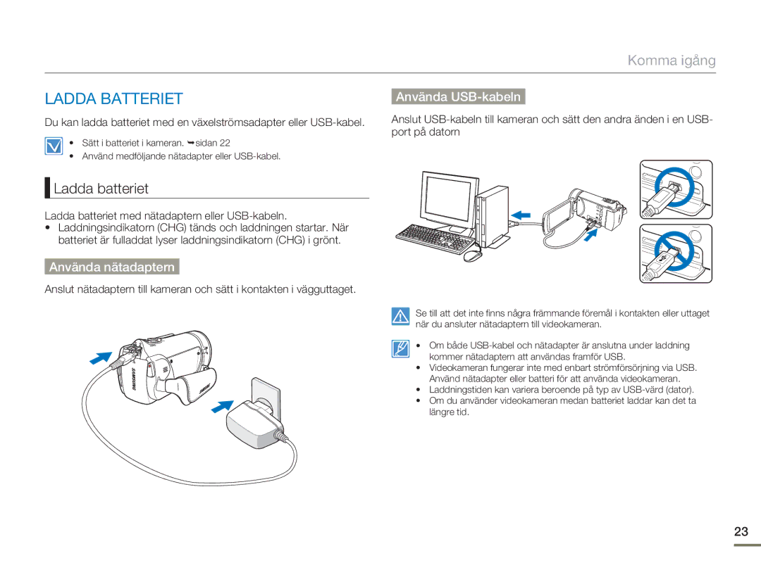 Samsung HMX-H303BP/EDC, HMX-H300BP/EDC manual Ladda Batteriet, Ladda batteriet, Använda nätadaptern, Använda USB-kabeln 