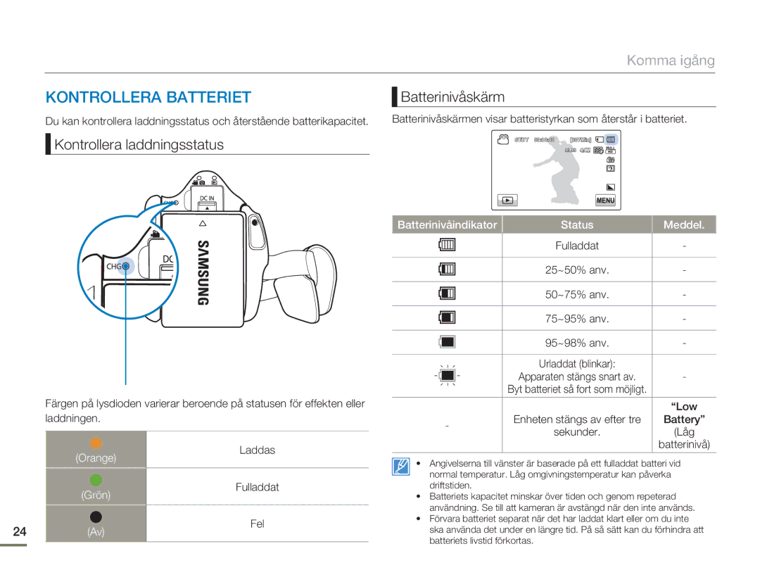 Samsung HMX-H300BP/EDC manual Kontrollera Batteriet, Kontrollera laddningsstatus Batterinivåskärm, Battery, Laddas 